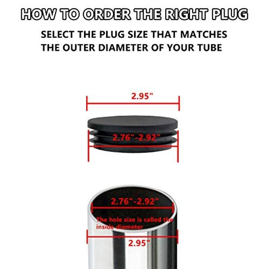 Black round plastic pipe tubing end caps with flat top, for covering tube openings