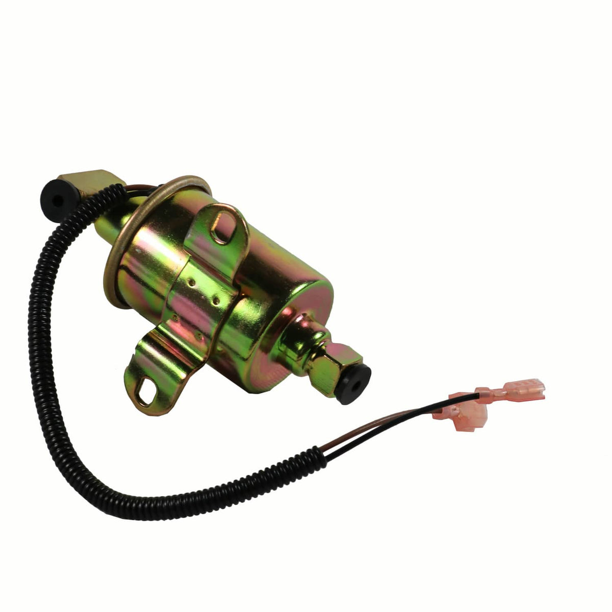 Electric fuel pump with iridescent metal body, mounting bracket, and 2-wire harness