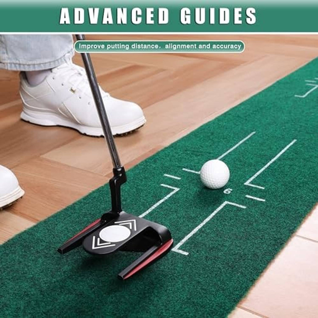 Green putting mat with white alignment markings on a floor, plus golf ball and putter