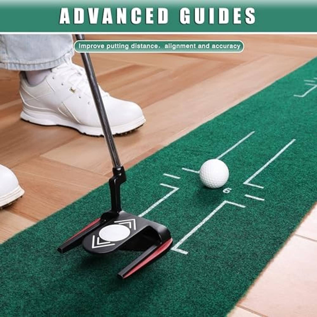 Green putting mat with white alignment markings on a floor, plus golf ball and putter