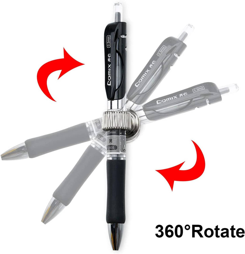 Silver coiled pen holder clips on pens, with multiple clips bundled in a rotating view