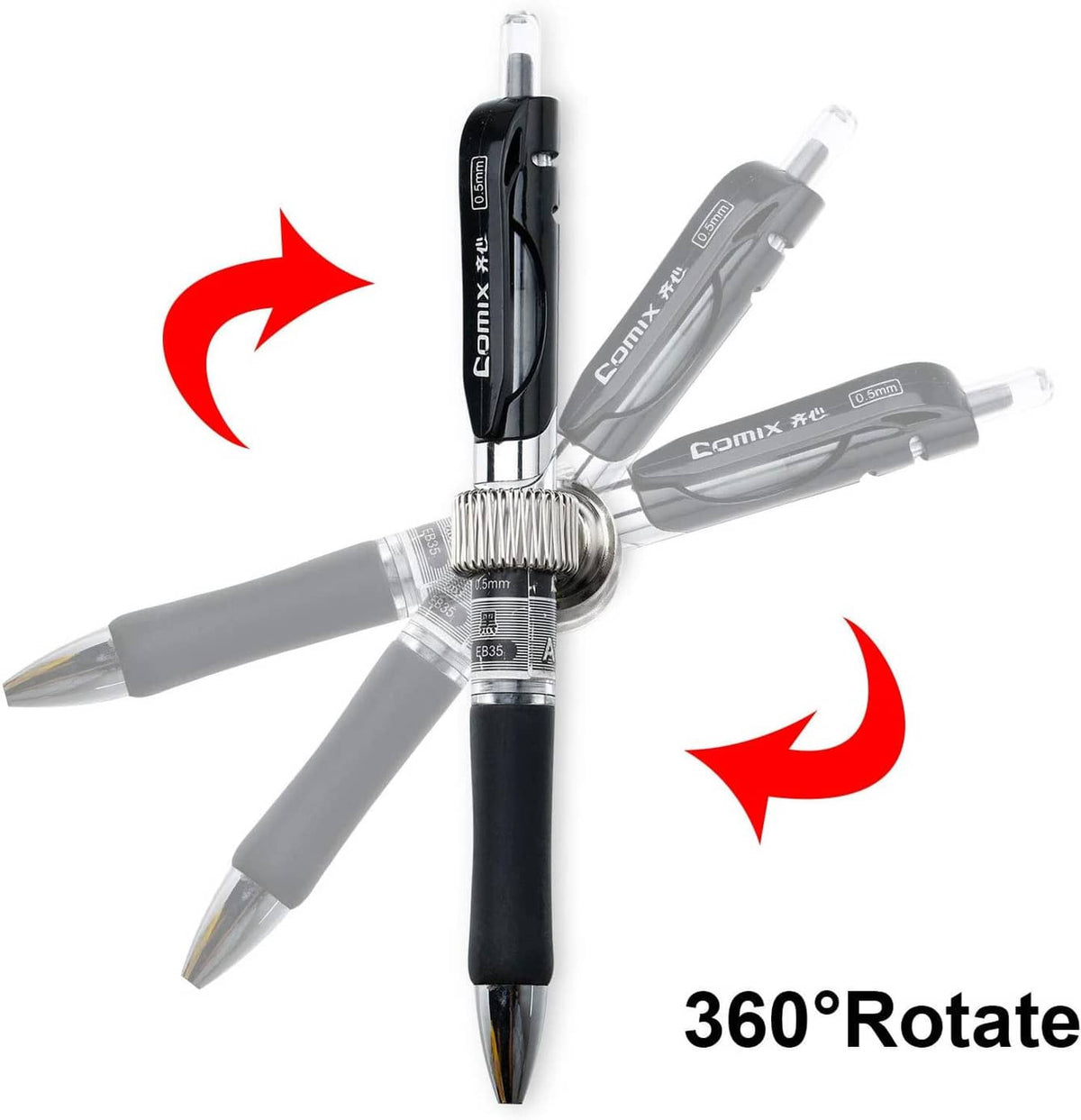 Silver coiled pen holder clips on pens, with multiple clips bundled in a rotating view