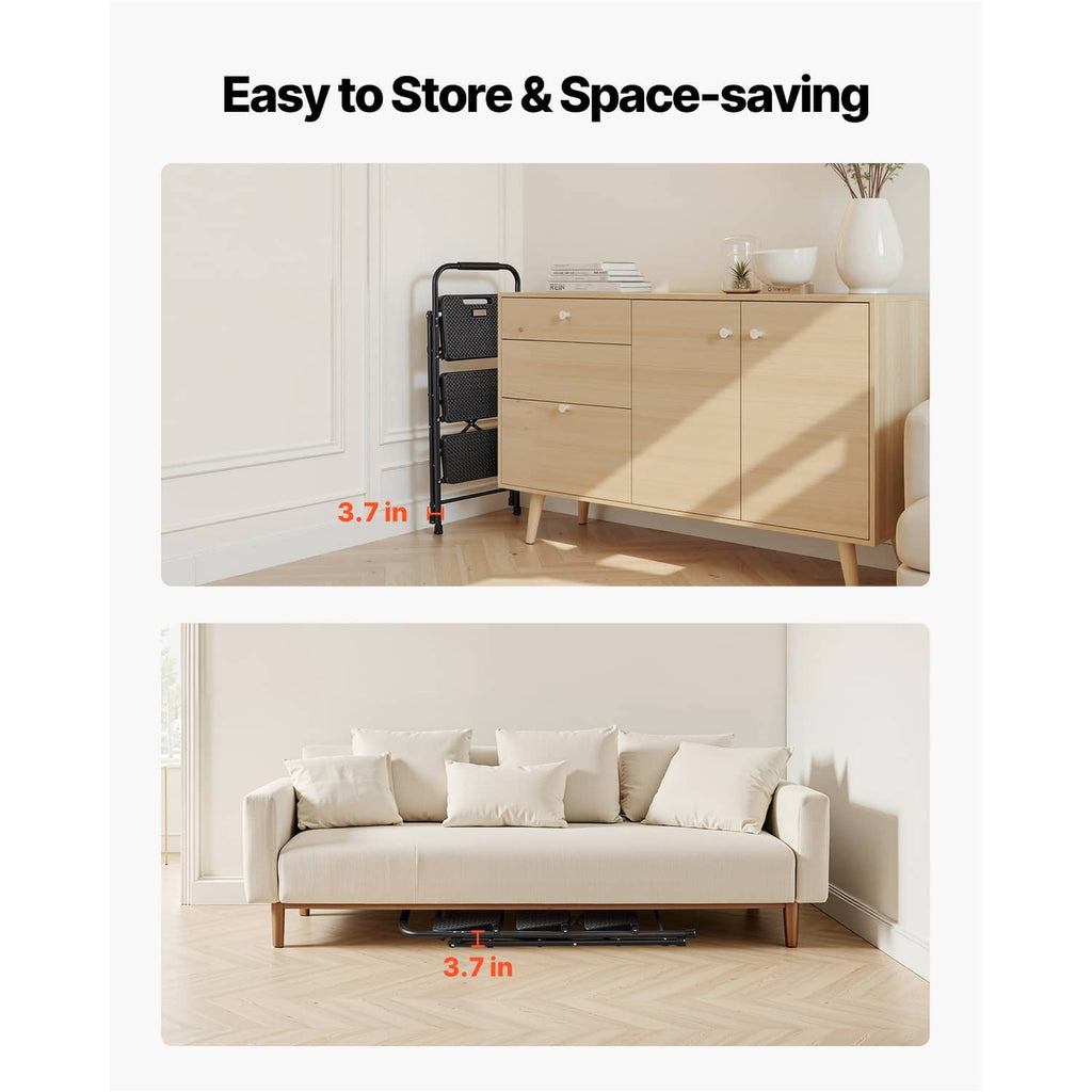 Space-saving 3-step folding ladder stored indoors, black frame with wide non-slip steps