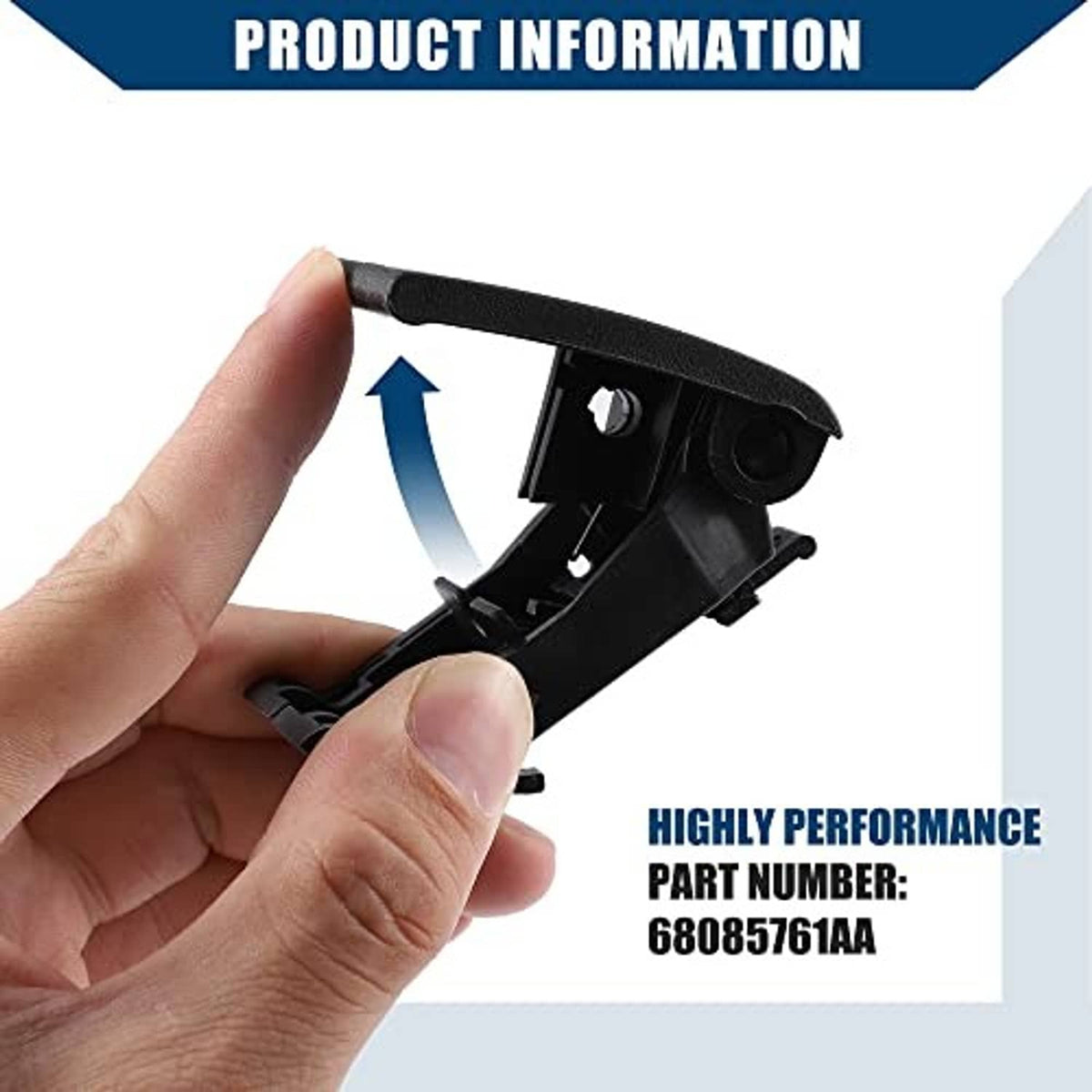 Black hood release handle held in hand, latch spring and release tab visible