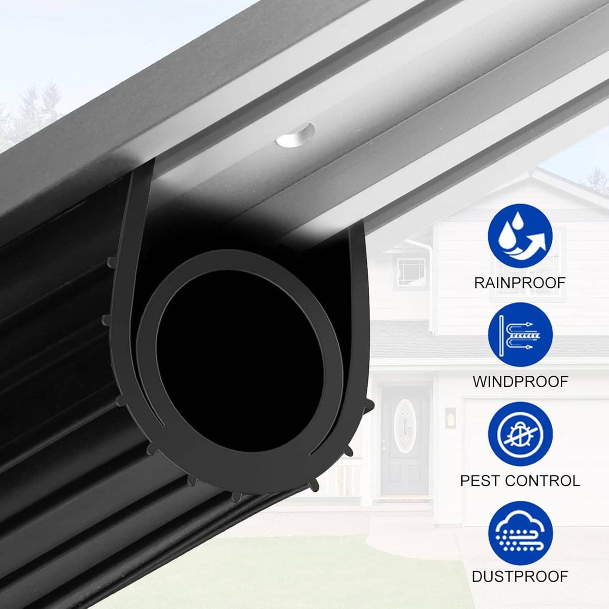 Black rubber garage door bottom seal with round bulb profile for weatherproofing