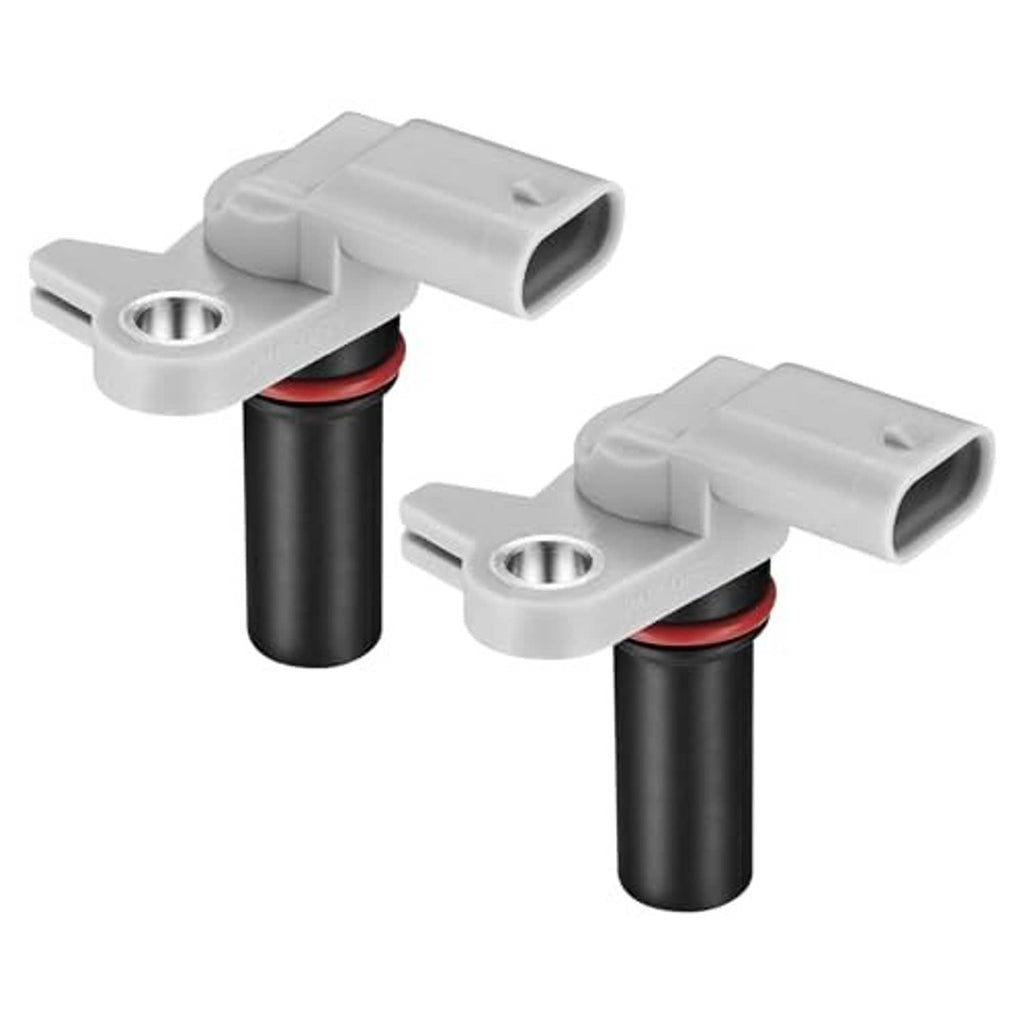 Pair of camshaft position sensors with gray plugs and black housings, red seal rings