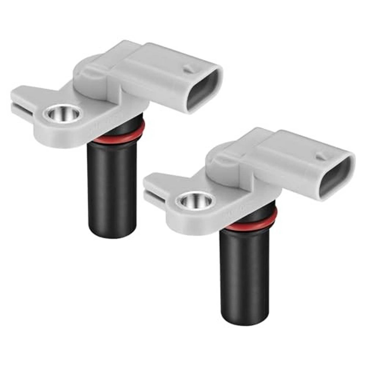 Pair of camshaft position sensors with gray plugs and black housings, red seal rings
