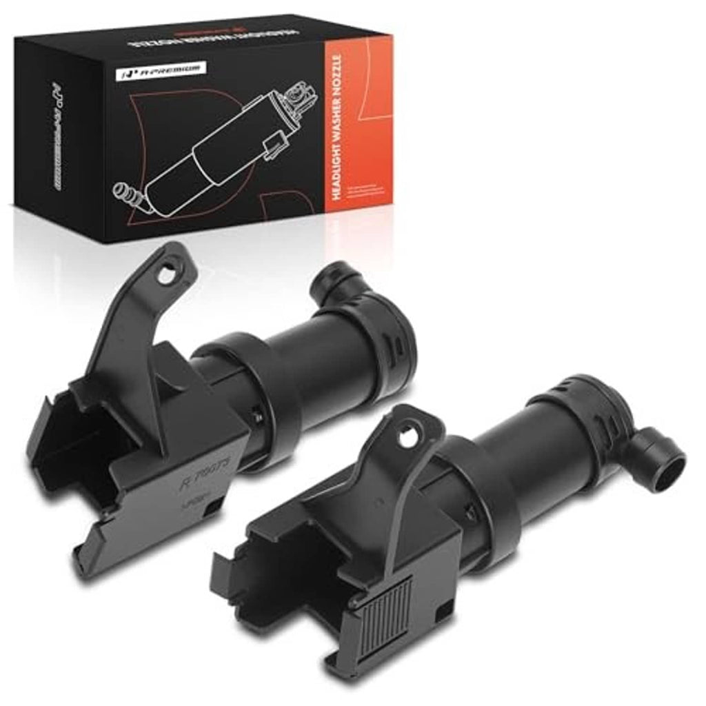 Set of 2 black headlight washer nozzles with mounting brackets, angled view