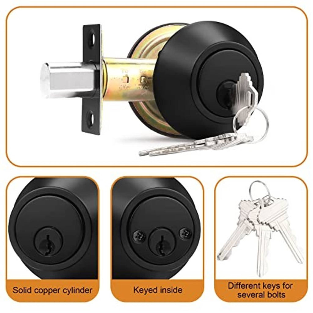 Black round double cylinder deadbolt with solid copper cylinder, keyed sides, and keys