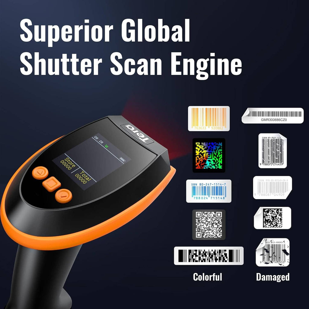 Barcode scanner with display panel and example barcodes and QR codes