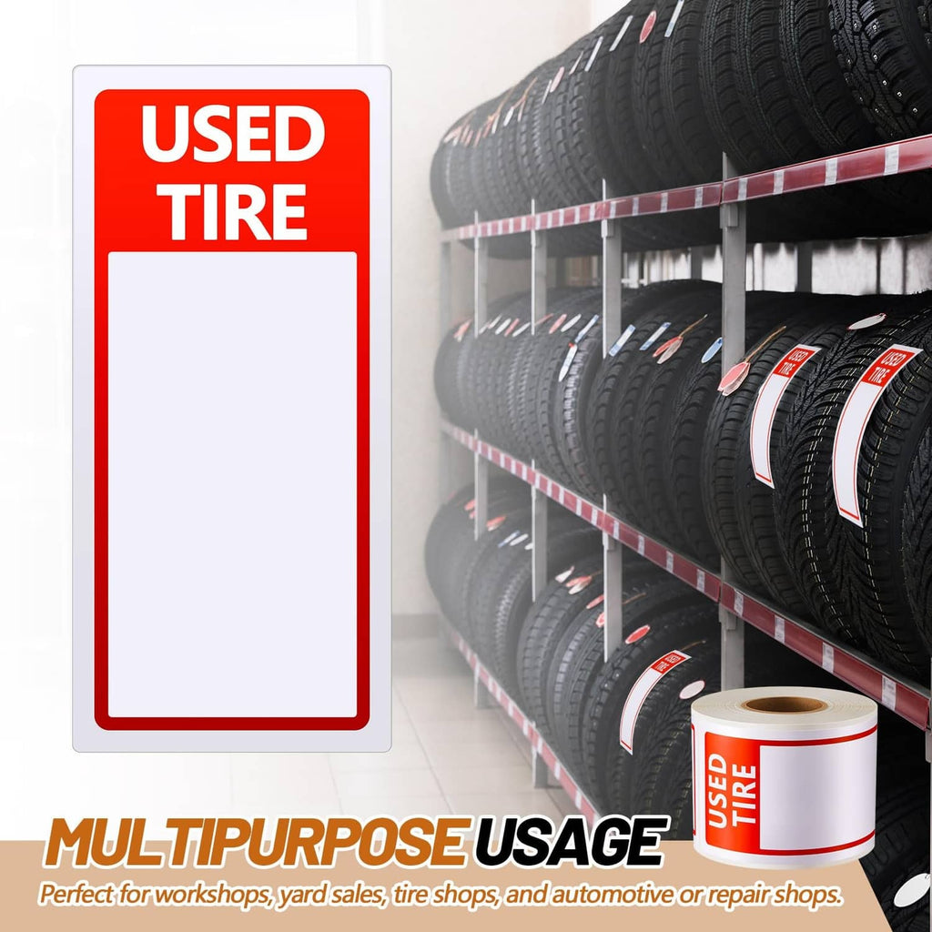 Red USED TIRE label sticker roll with blank boxes, plus single label template