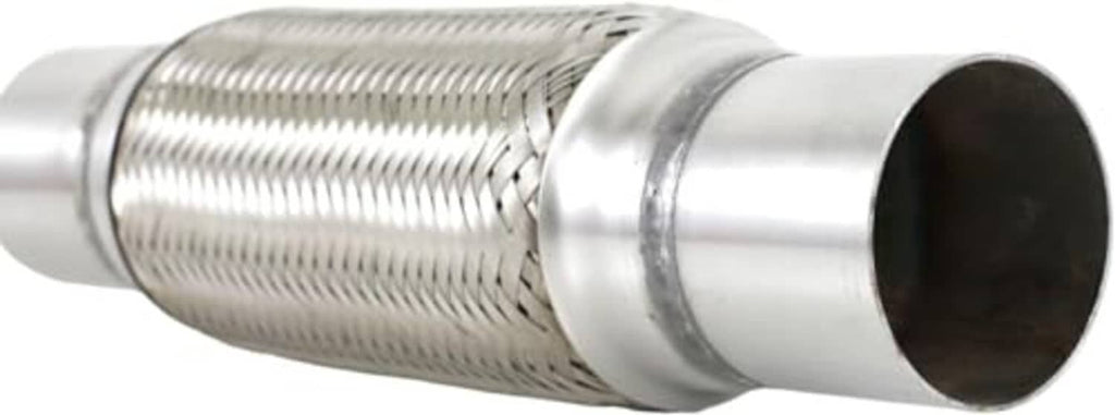Stainless steel exhaust flex pipe close-up showing braided mesh and large outlet end