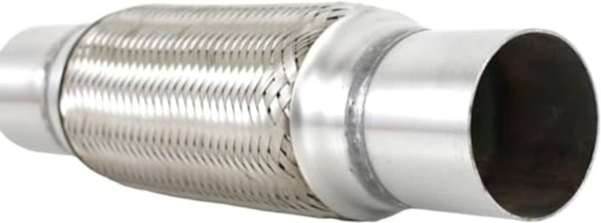 Stainless steel exhaust flex pipe close-up showing braided mesh and large outlet end