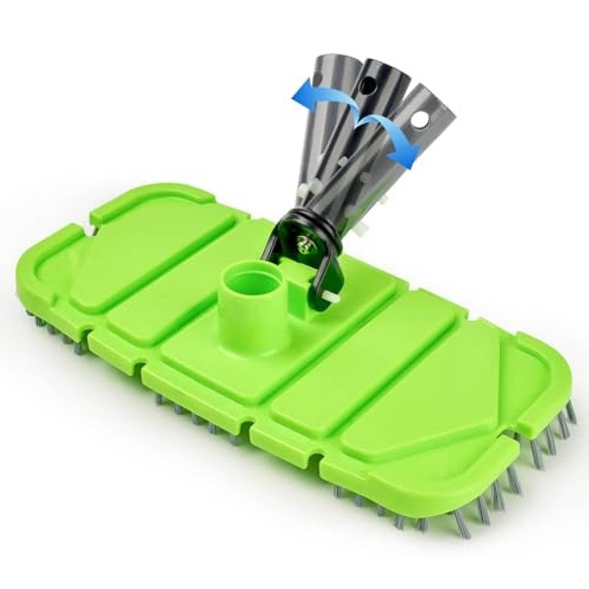 Green pool vacuum head with brush bristles and hose connector with swivel joints