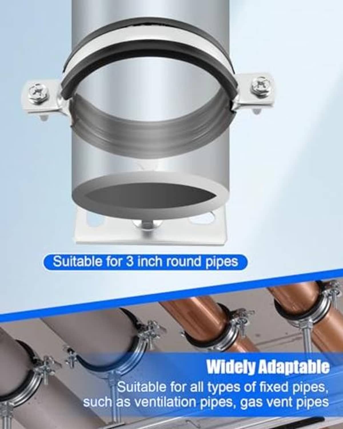 3-inch round pipe clamp bracket with black split ring, bolts, and adjustable threaded stand