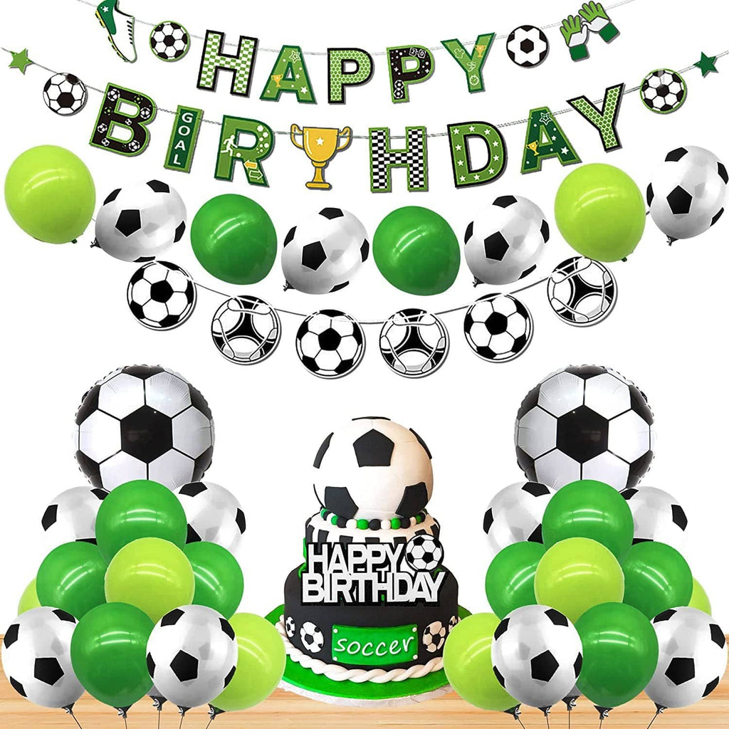 Soccer birthday banner with “Happy Birthday” letters and soccer ball graphics, with green balloons