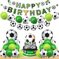 Soccer birthday banner with “Happy Birthday” letters and soccer ball graphics, with green balloons