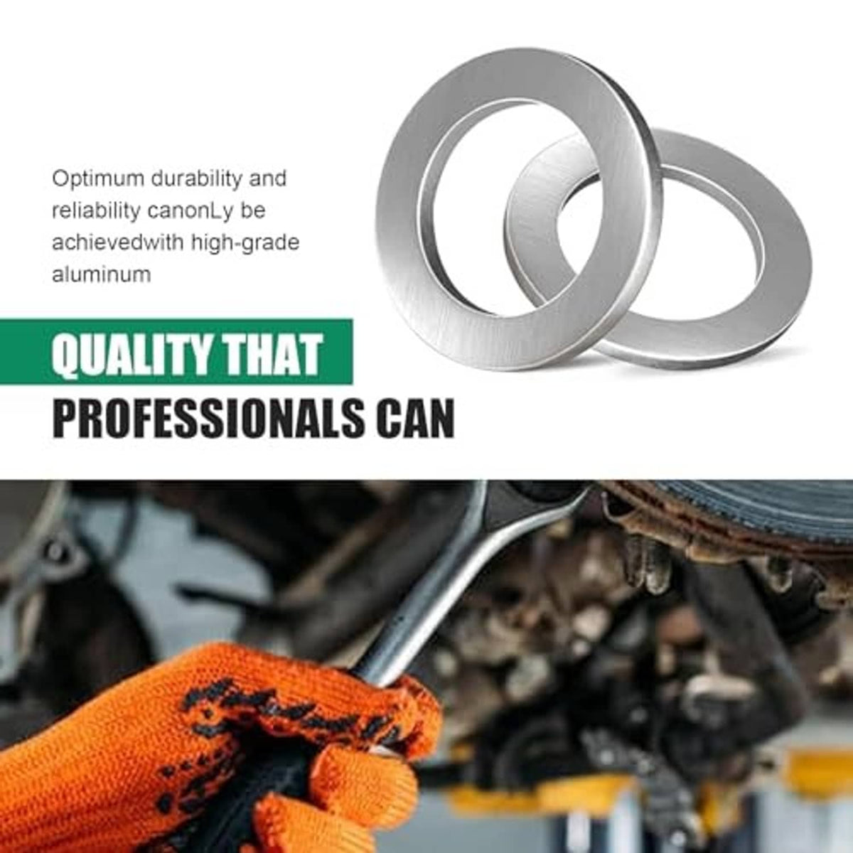 Silver aluminum oil drain plug crush washers with engine service background