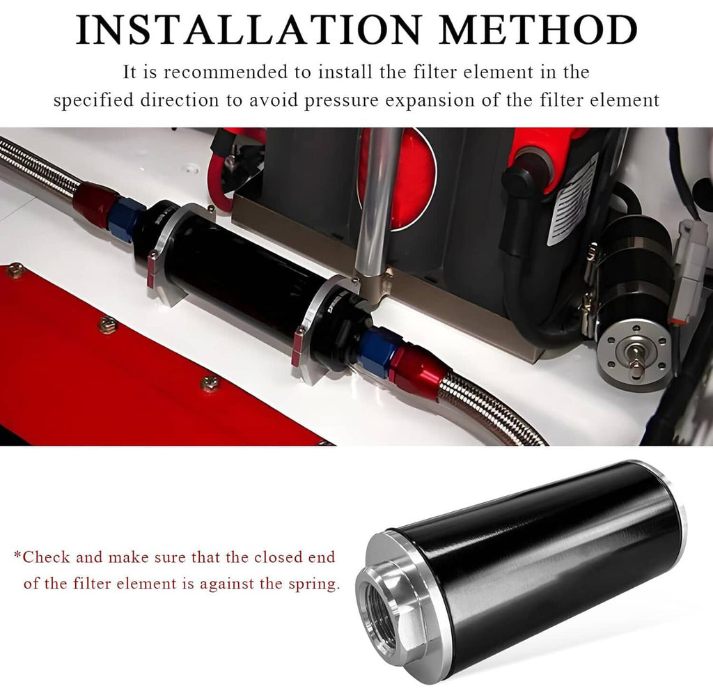 Inline fuel filter installed with black canister and braided line fitting ends