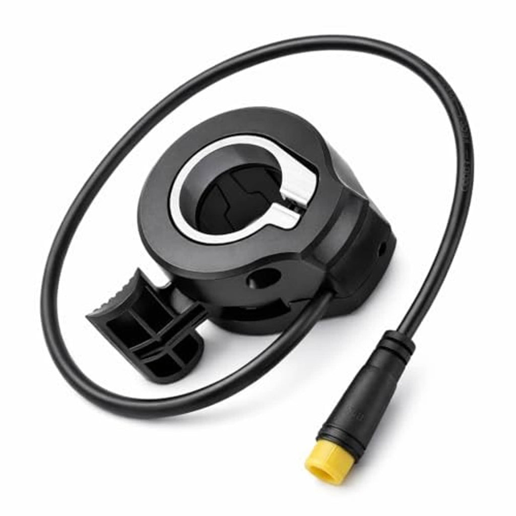 Thumb throttle speed controller with black housing, looped cable, and yellow connector