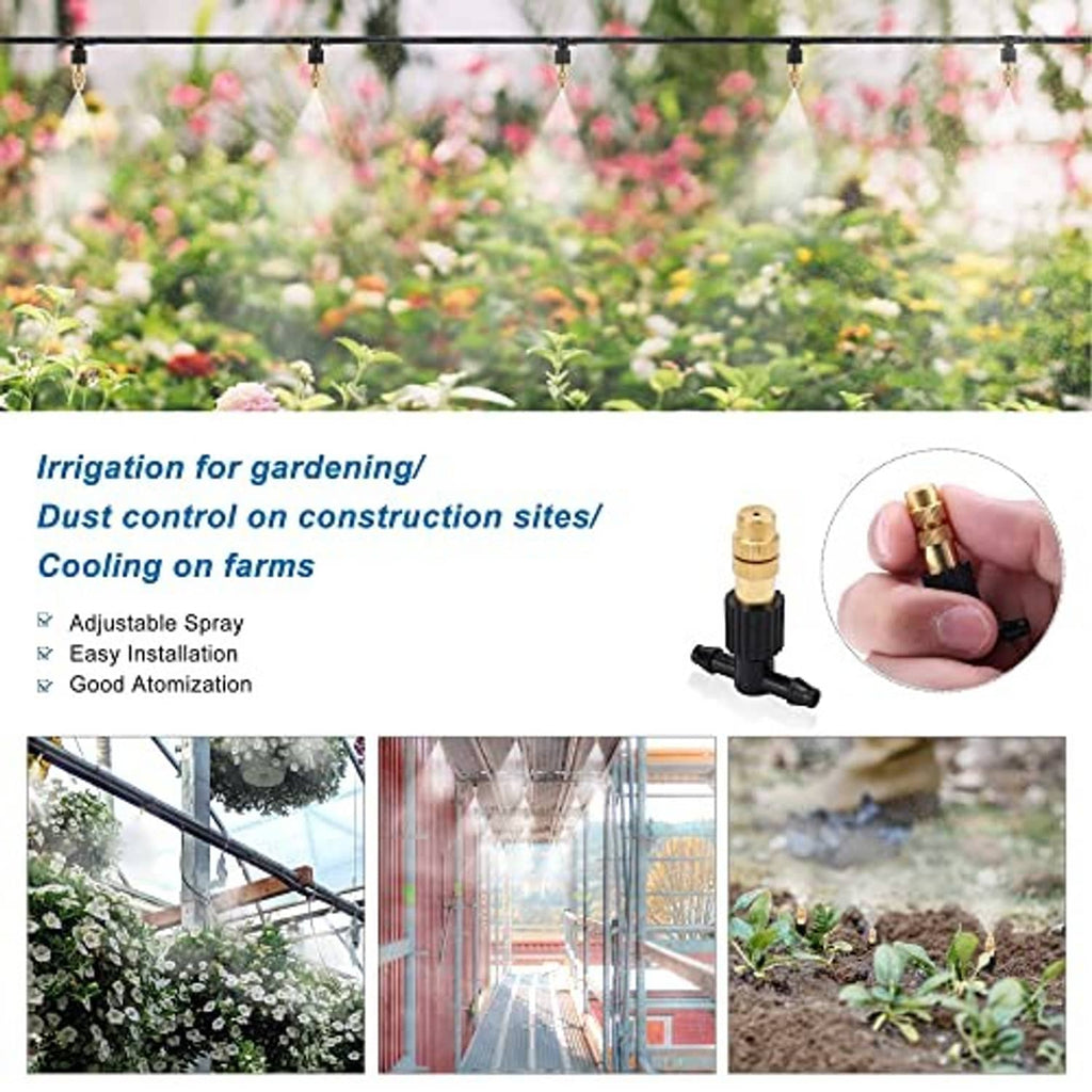 Brass atomizing sprinkler nozzle on black tee connector for garden watering