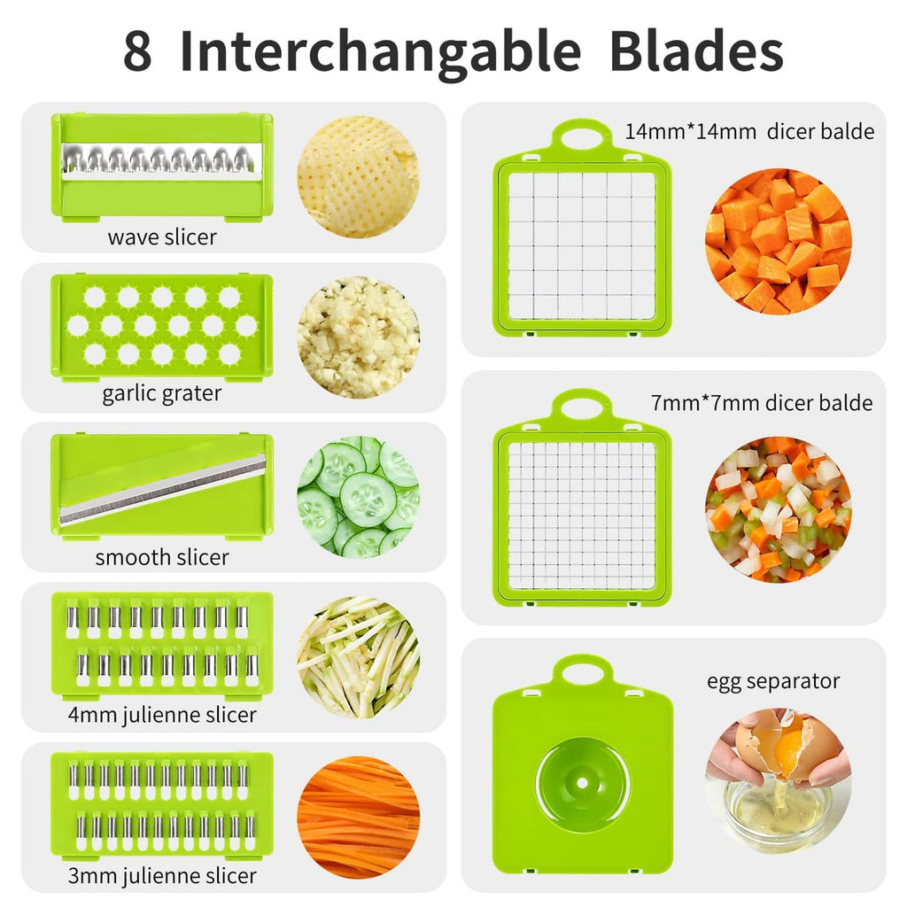 Vegetable chopper blade set with green frames showing multiple slicing and dicing patterns