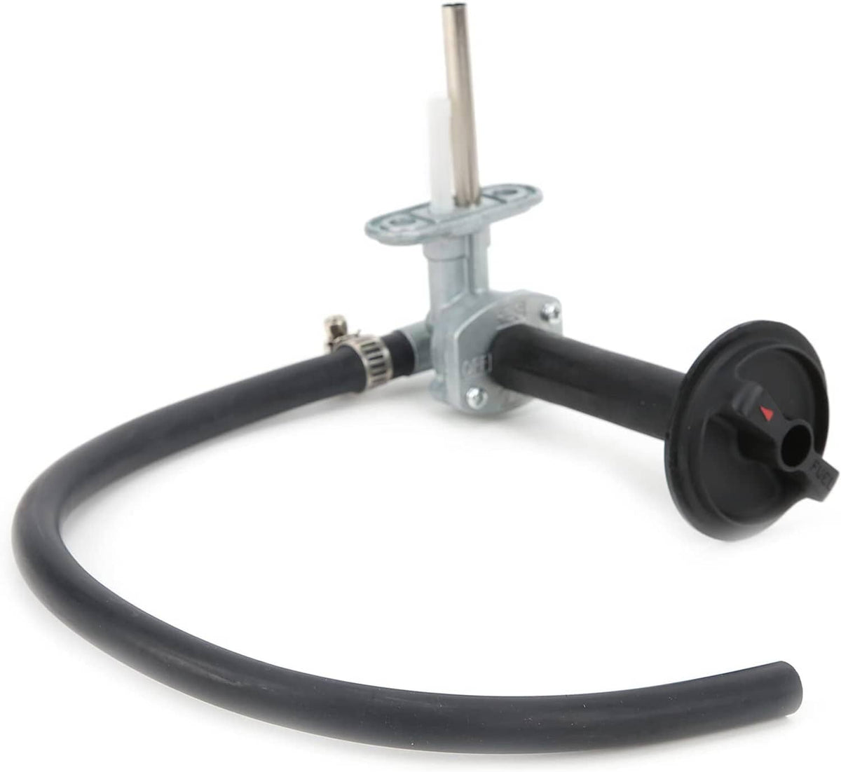 Fuel petcock assembly with black hoses and round vacuum/vent cap