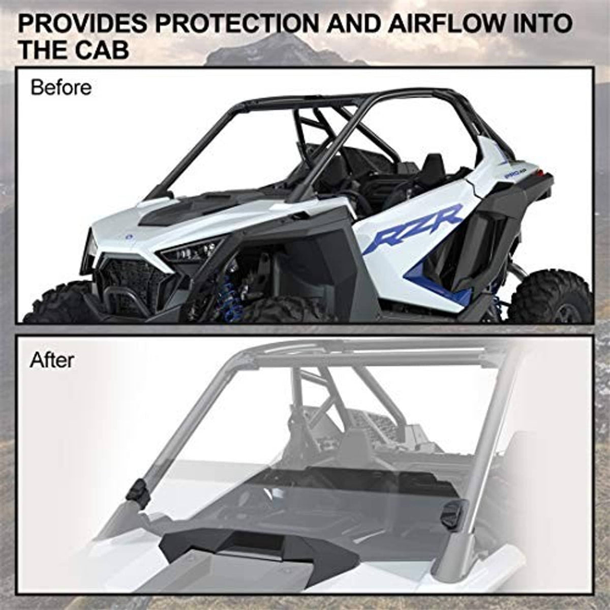 Half windshield installed in cab, showing airflow protection with clear panel