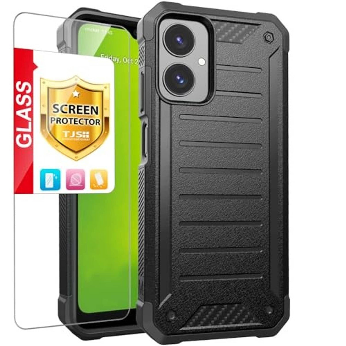 Black rugged phone case front view with dual camera openings and speaker cutout