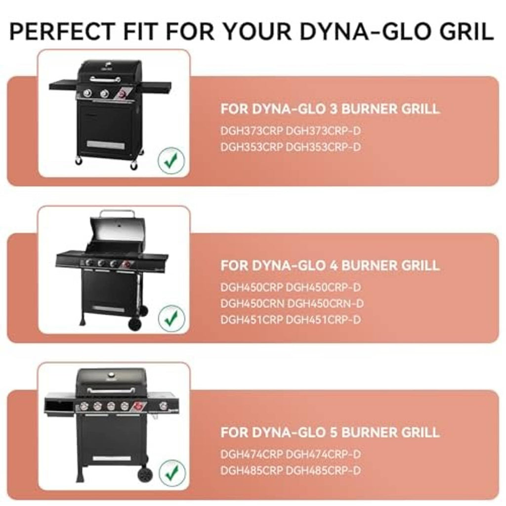 Compatibility infographic for Dyna-Glo 3, 4, and 5 burner heat plate replacements