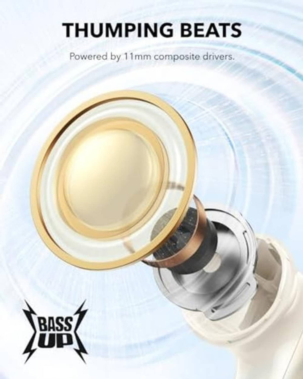 Wireless earbud interior close-up with gold accent ring and white earbud housing.