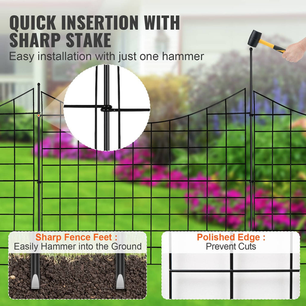 Black garden fence with sharp stake feet and polished edge on grid mesh panels