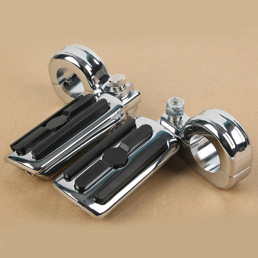 Motorcycle engine crash bar footpegs pair, chrome with black rubber pads and mount hardware