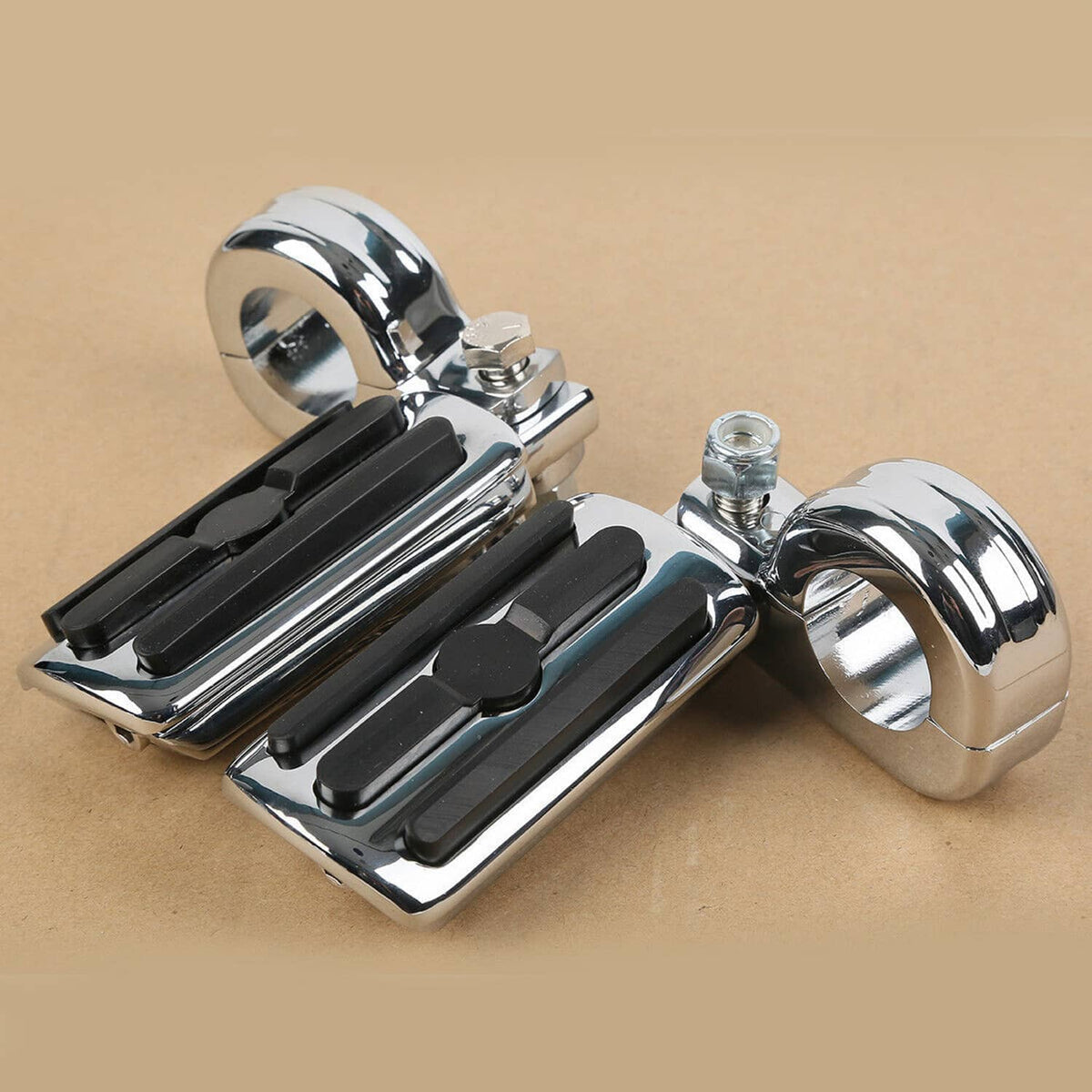 Motorcycle engine crash bar footpegs pair, chrome with black rubber pads and mount hardware