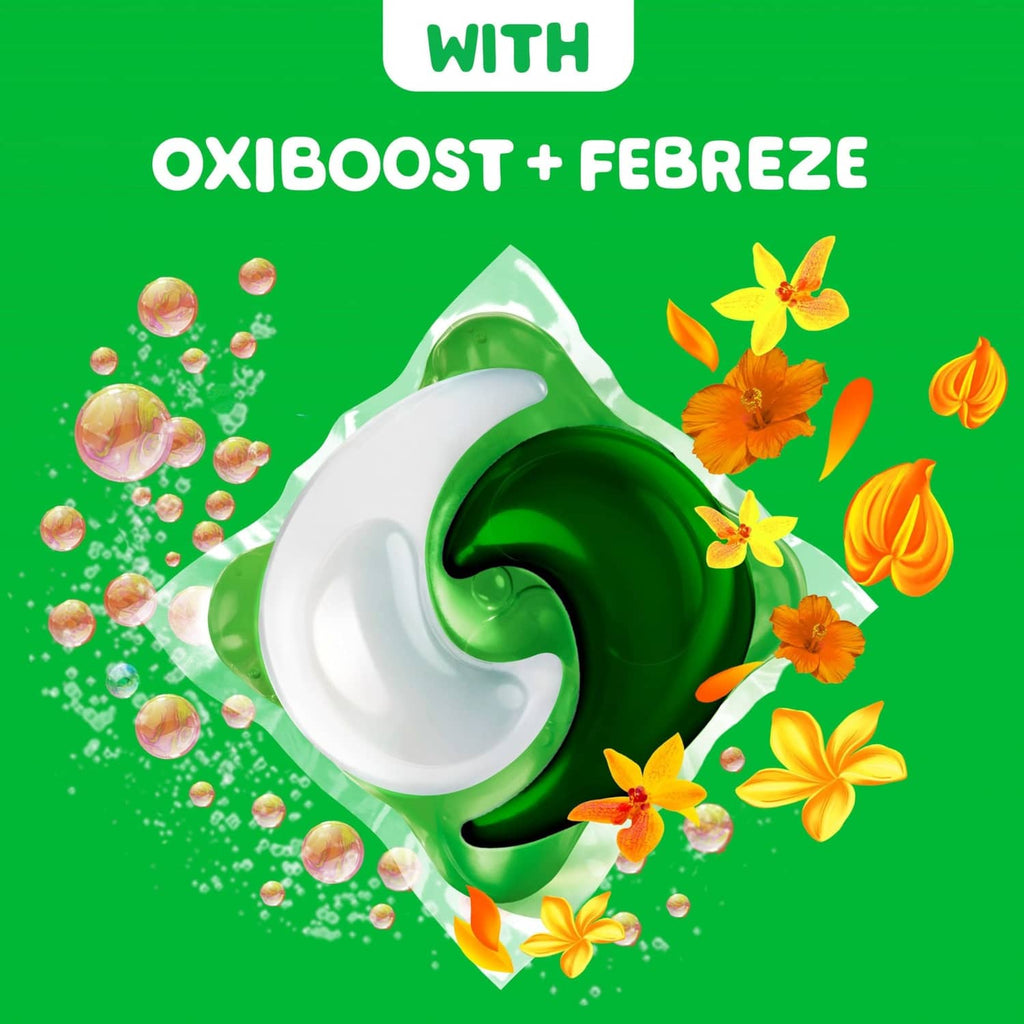 Gain flings laundry detergent pac, green OxiBoost + Febreze swirl graphic
