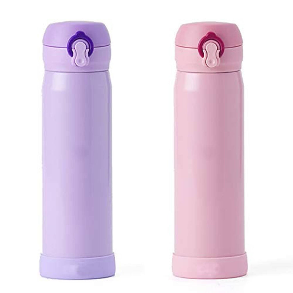 Purple and pink bottles with matching silicone base protective sleeves and spout lids