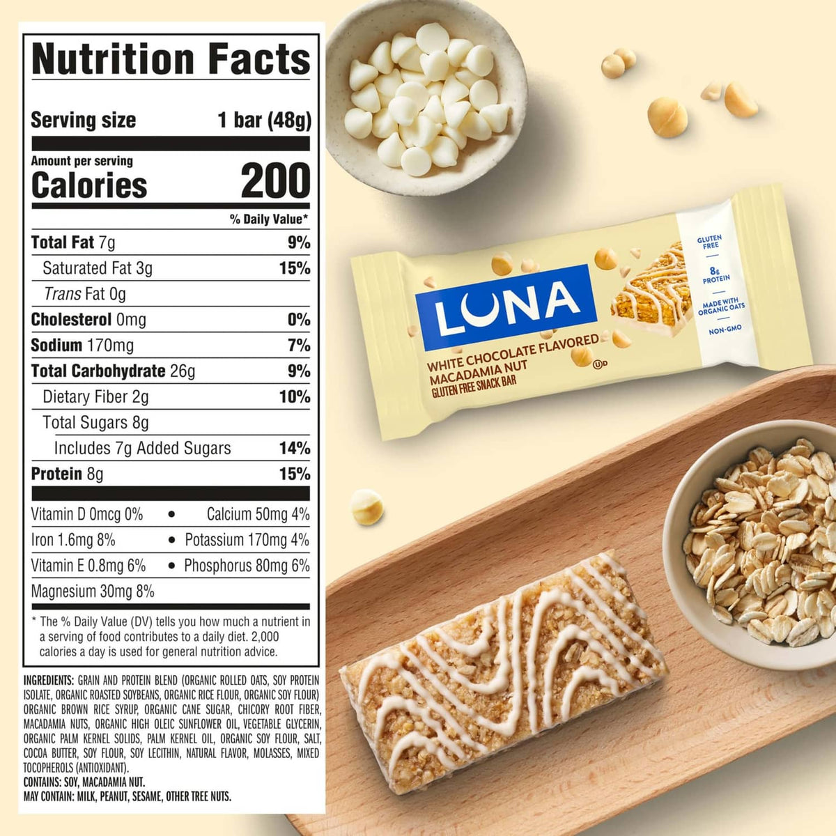 LUNA white chocolate macadamia nut snack bar with Nutrition Facts panel