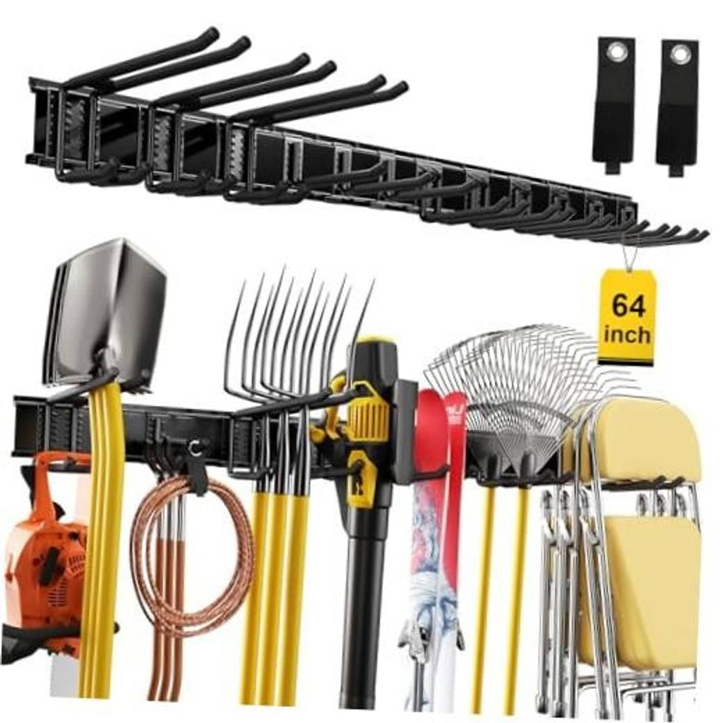 Steel garage wall tool organizer rack with multiple curved hooks and side mounting plates