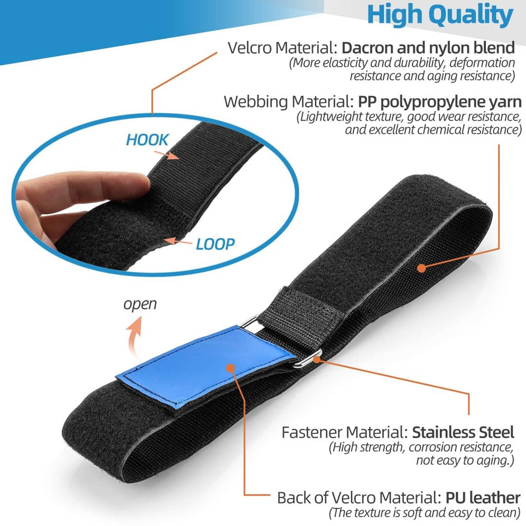 Black hook-and-loop tie-down strap with blue fastening panel and textured loop side
