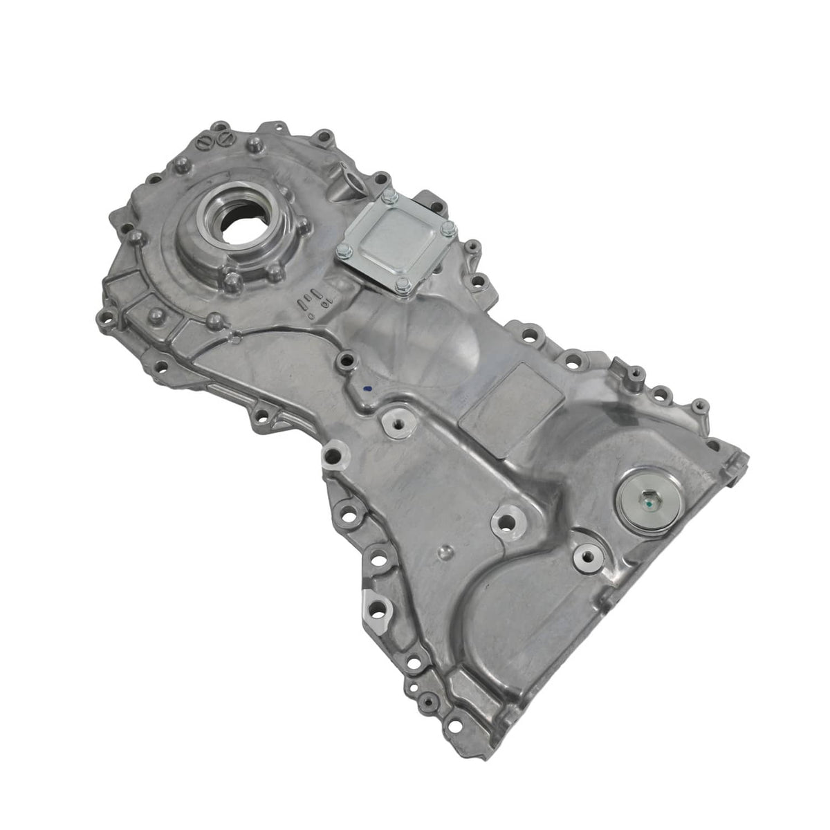 Oil pump housing assembly with circular inlet and bolt holes, cast metal finish