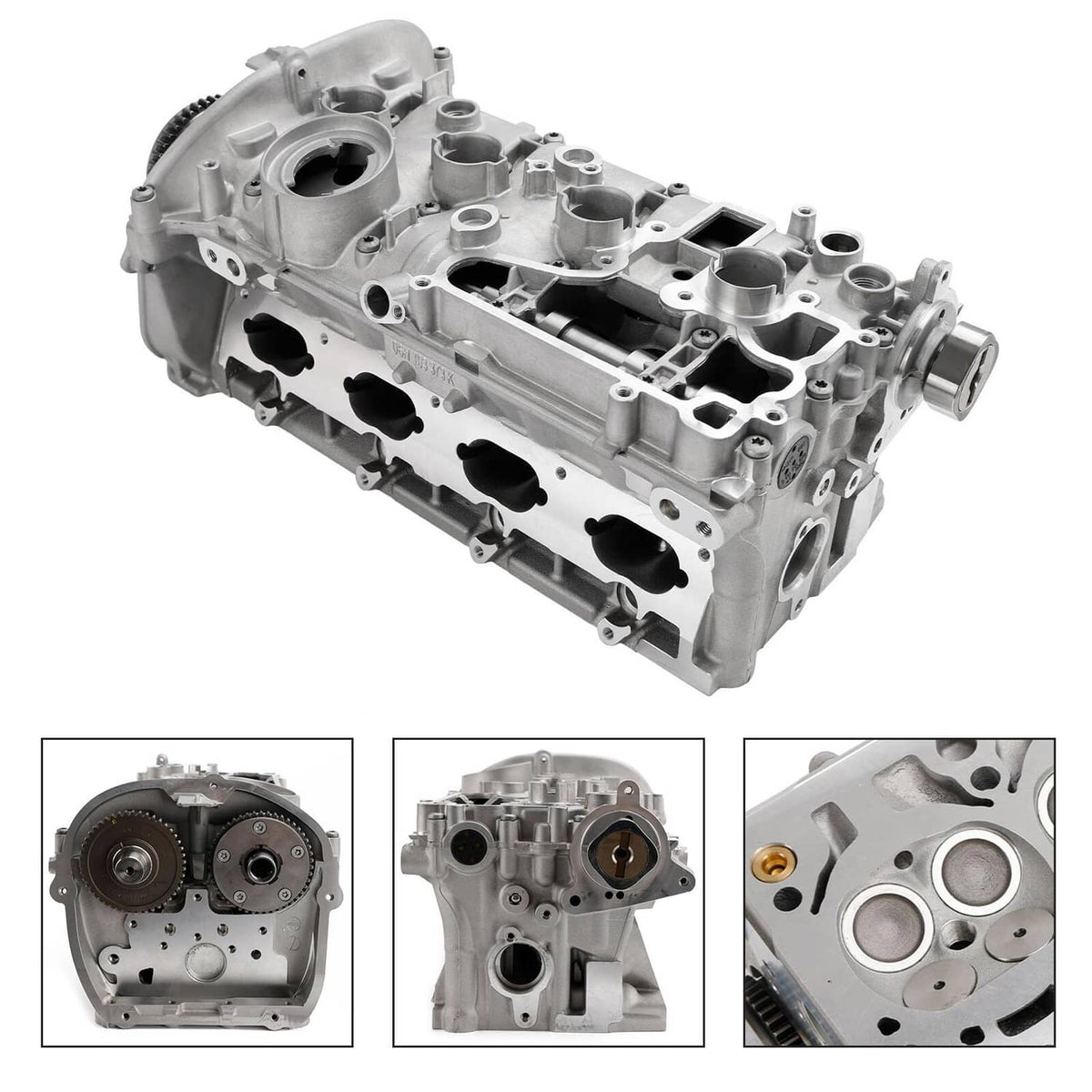 Aluminum cylinder head assembly with valve ports and timing gear housing, bare metal
