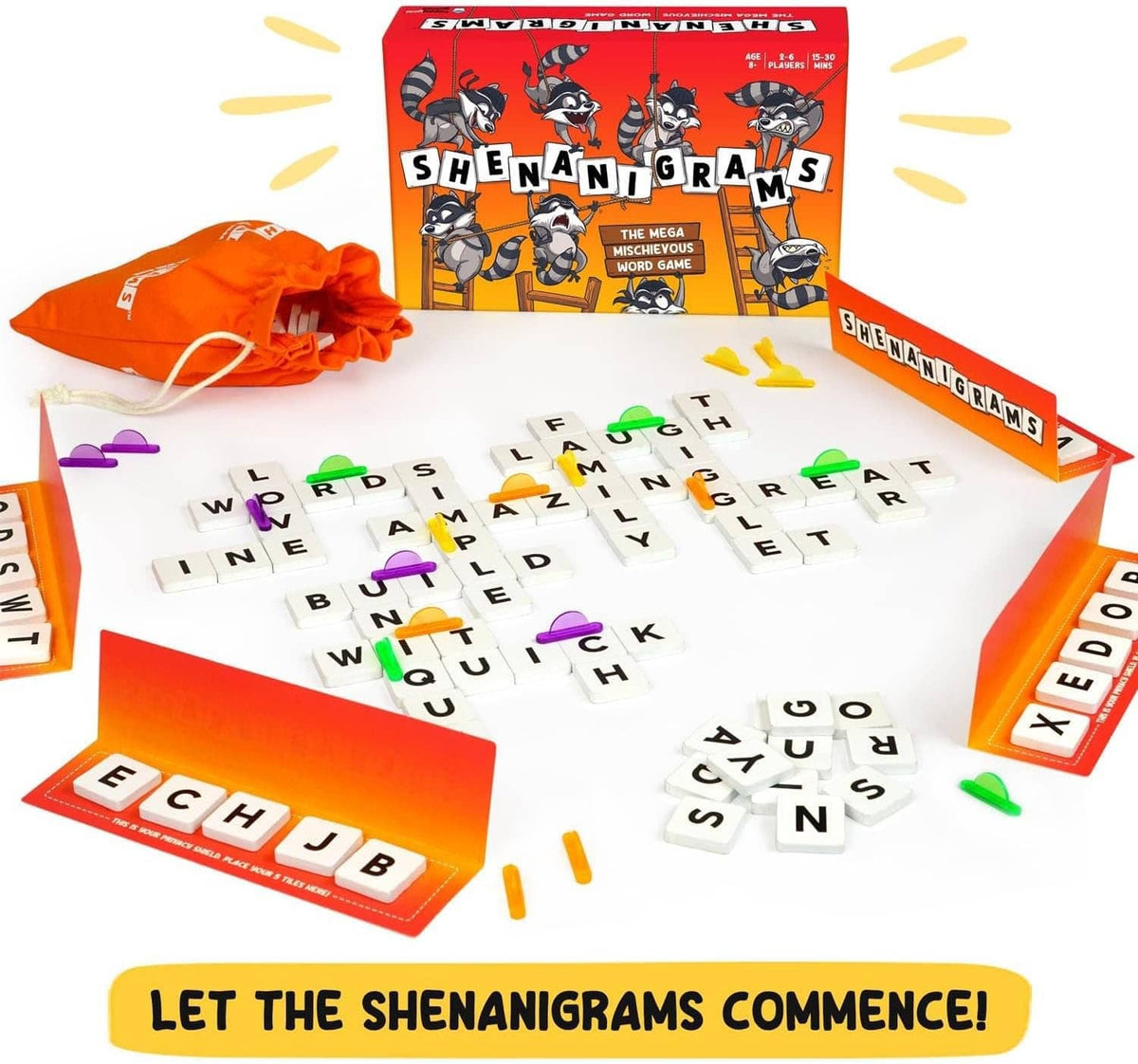 Shenanigrams word game tray with letter tiles, orange bag, and boxed game in center