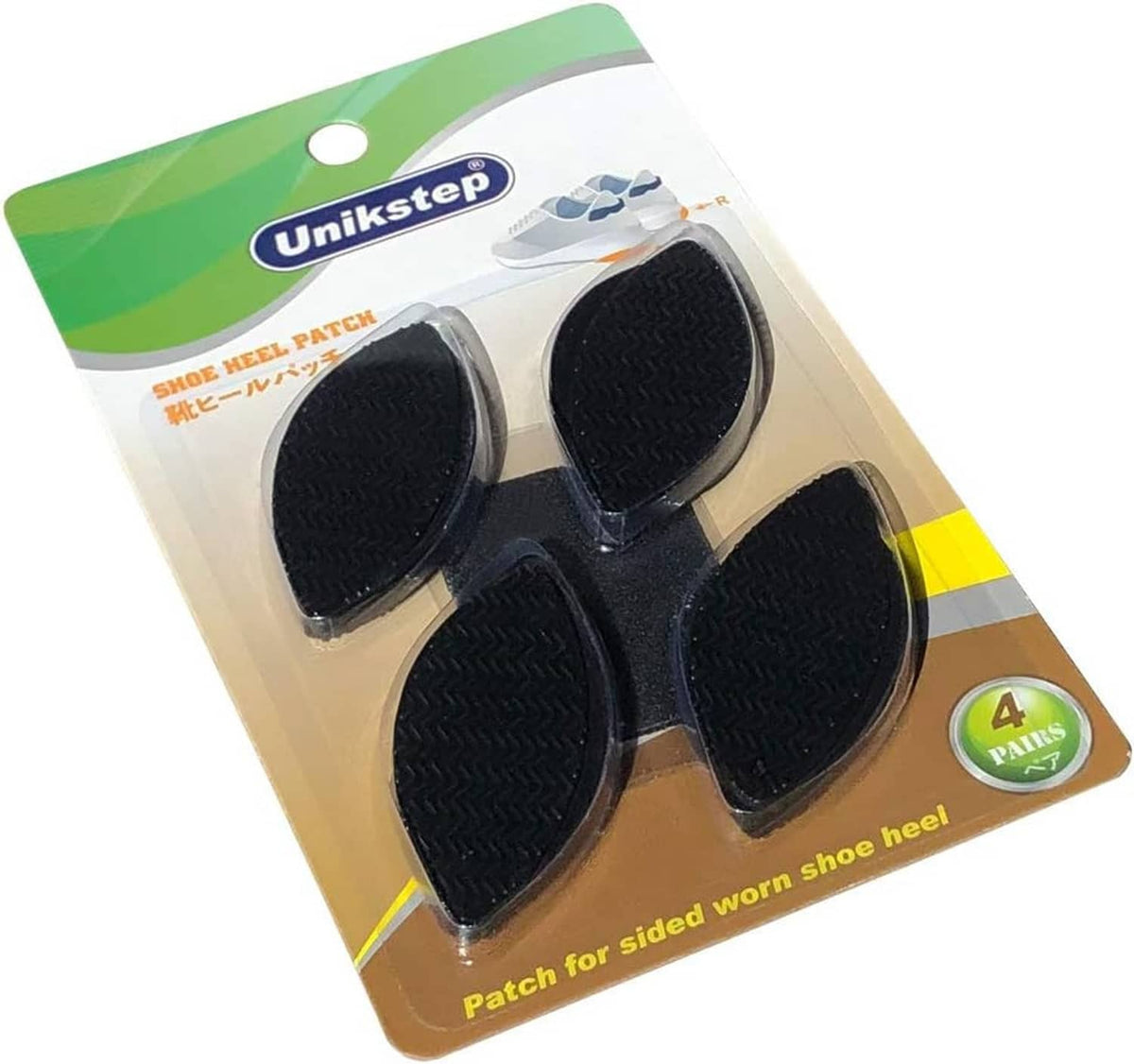 Four black rubber shoe heel repair patches on blister card backing
