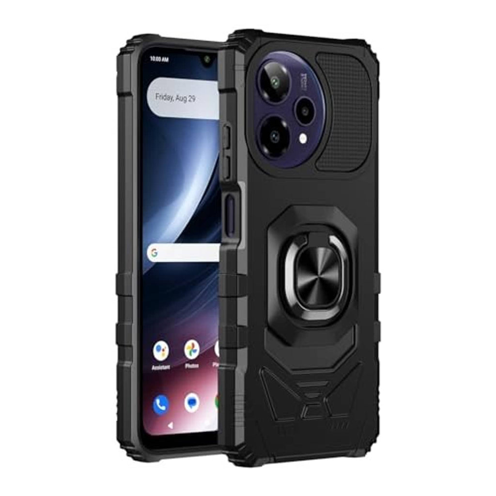 Rugged black phone case with textured back, raised camera covers, and ring kickstand