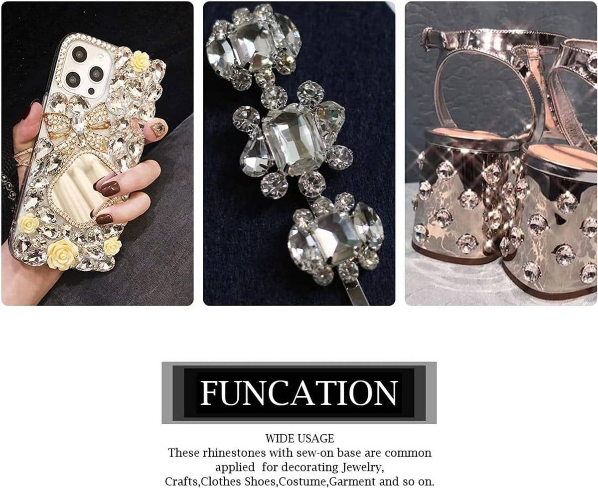 Clear rhinestone embellishments on phone case and handbag straps