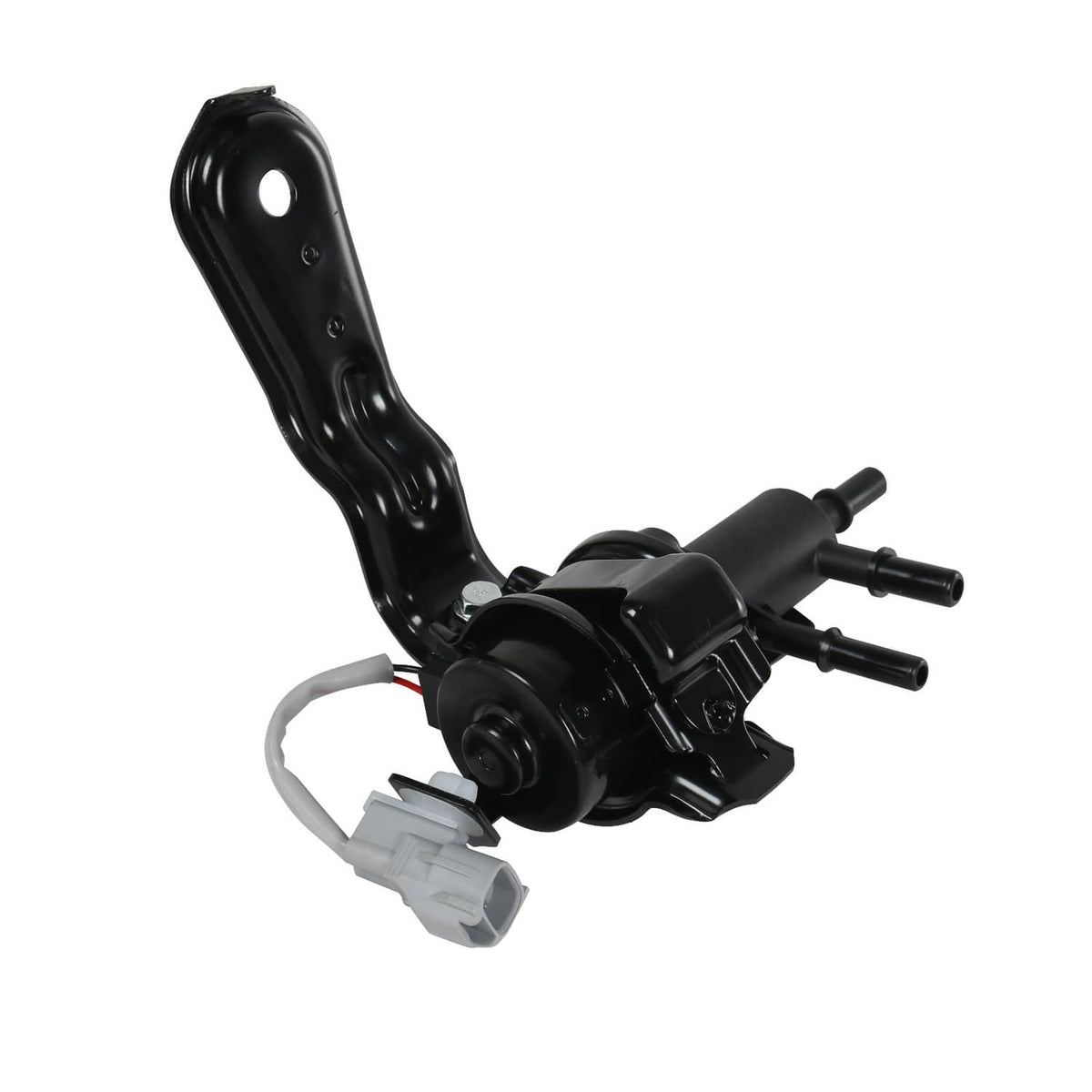 Black fuel tank valve assembly with tall bracket, gray connector, and hose ports