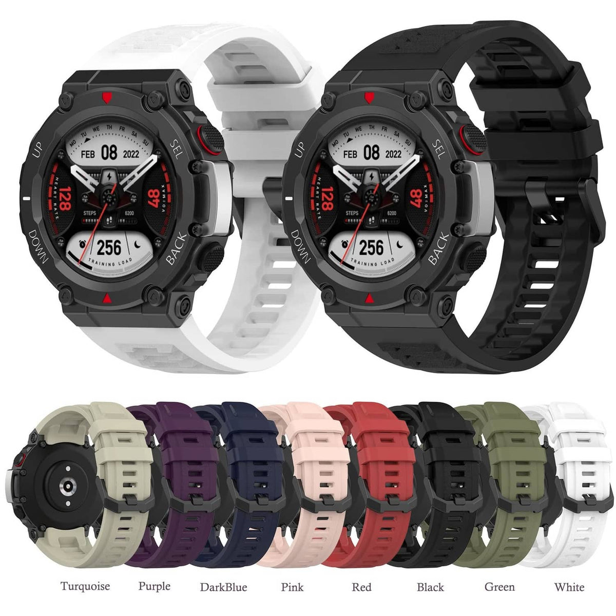 Black silicone smartwatch strap with buckle and multiple adjustment holes