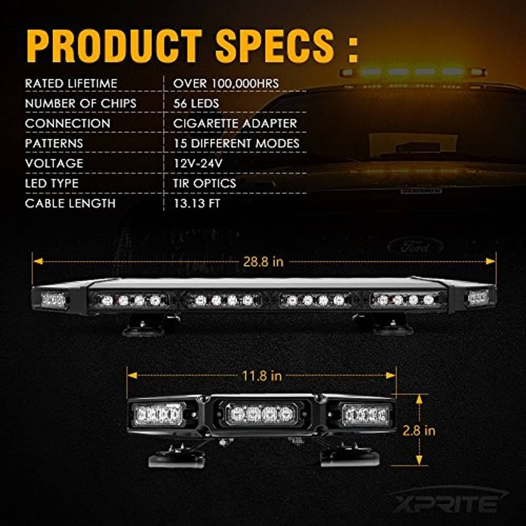 Amber LED strobe light bar with front and side dimension views