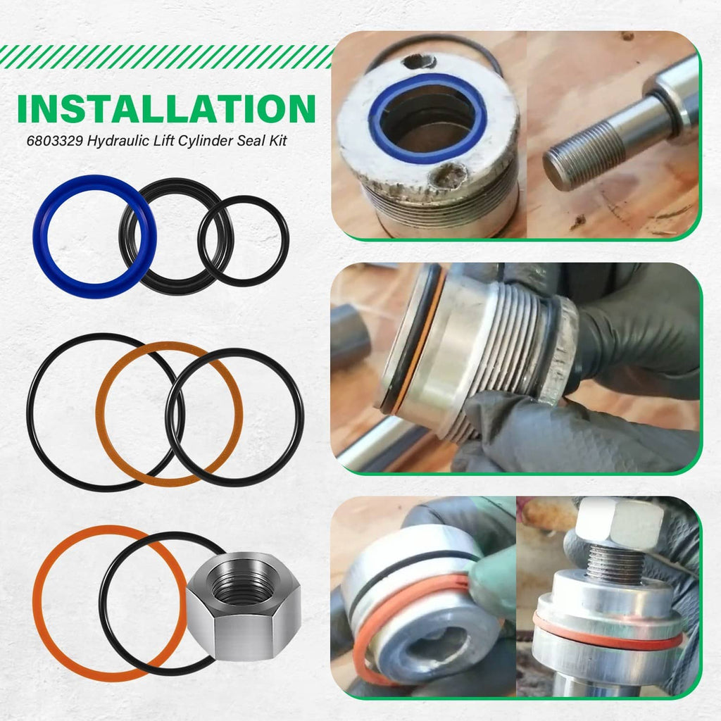Hydraulic lift cylinder seal kit showing O-rings and installation on threaded fitting
