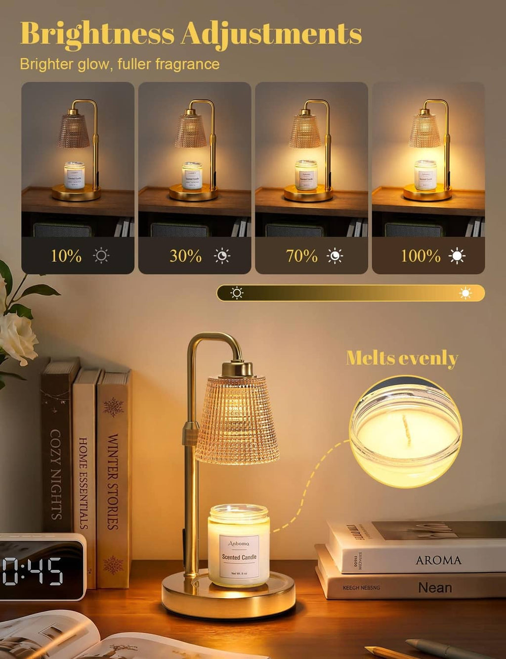 Gold candle warmer lamp with amber shade and scented jar candle on wooden table